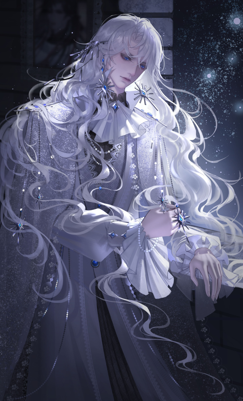 1boy absurdres blue_eyes frilled_shirt frilled_sleeves frills gem highres i_became_a_god_in_a_horror_game jewelry long_hair long_sleeves looking_down male_focus pearl_(gemstone) puffy_sleeves qingrihuanghun ring shirt solo tavel very_long_hair wavy_hair white_hair