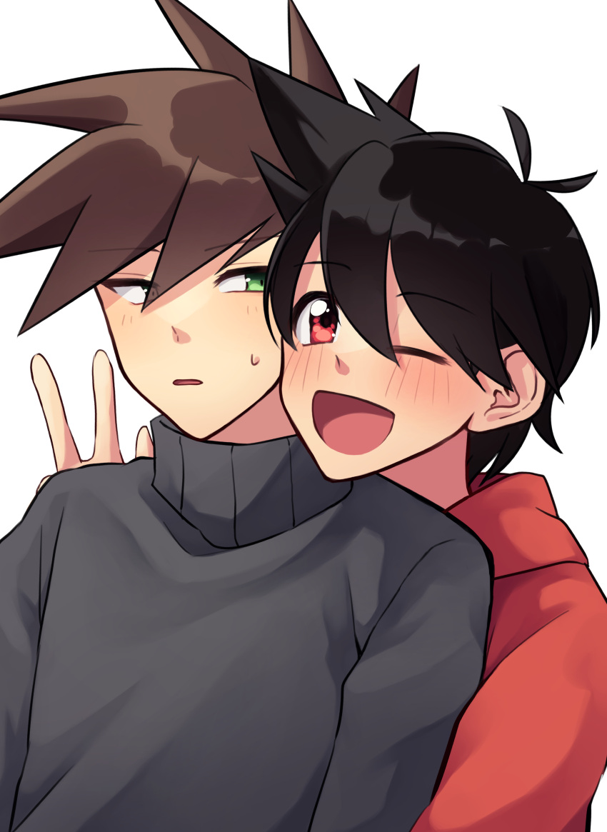 2boys ;d absurdres antenna_hair bangs black_hair blue_oak blush brown_hair commentary_request green_eyes highres male_focus multiple_boys one_eye_closed open_mouth parted_lips pokemon pokemon_adventures red_(pokemon) red_eyes short_hair sideways_glance simple_background smile spiky_hair sweatdrop sweater upper_body wanichi white_background