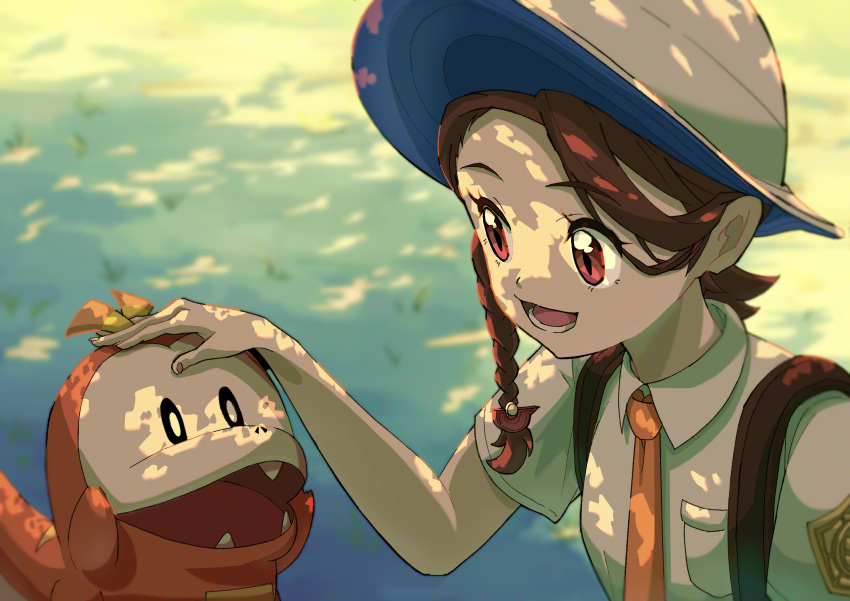 1girl :d absurdres bangs braid breast_pocket brown_eyes brown_hair collared_shirt commentary_request day eyelashes fuecoco hand_up happy hat headpat highres juliana_(pokemon) keeno-ringo46 lower_teeth_only necktie open_mouth orange_necktie outdoors pocket pokemon pokemon_(creature) pokemon_(game) pokemon_sv shirt short_sleeves smile strap teeth