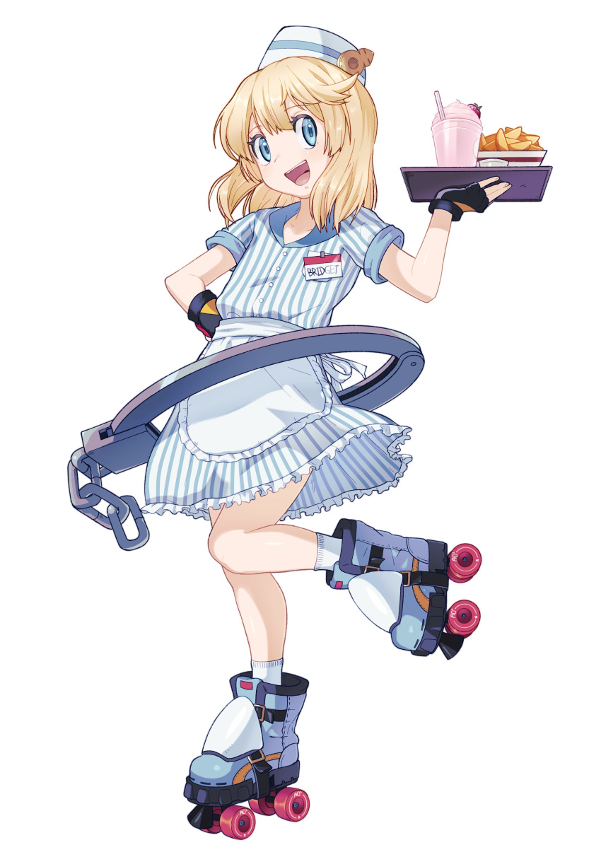 1boy absurdres androgyne_symbol bare_legs bbhdrrr black_gloves blonde_hair blue_eyes cuffs fingerless_gloves food gloves guilty_gear guilty_gear_strive handcuffs highres holding holding_tray leg_up name_tag open_mouth otoko_no_ko plate potato_wedges roller_skates short_sleeves simple_background skates solo tray waiter white_background