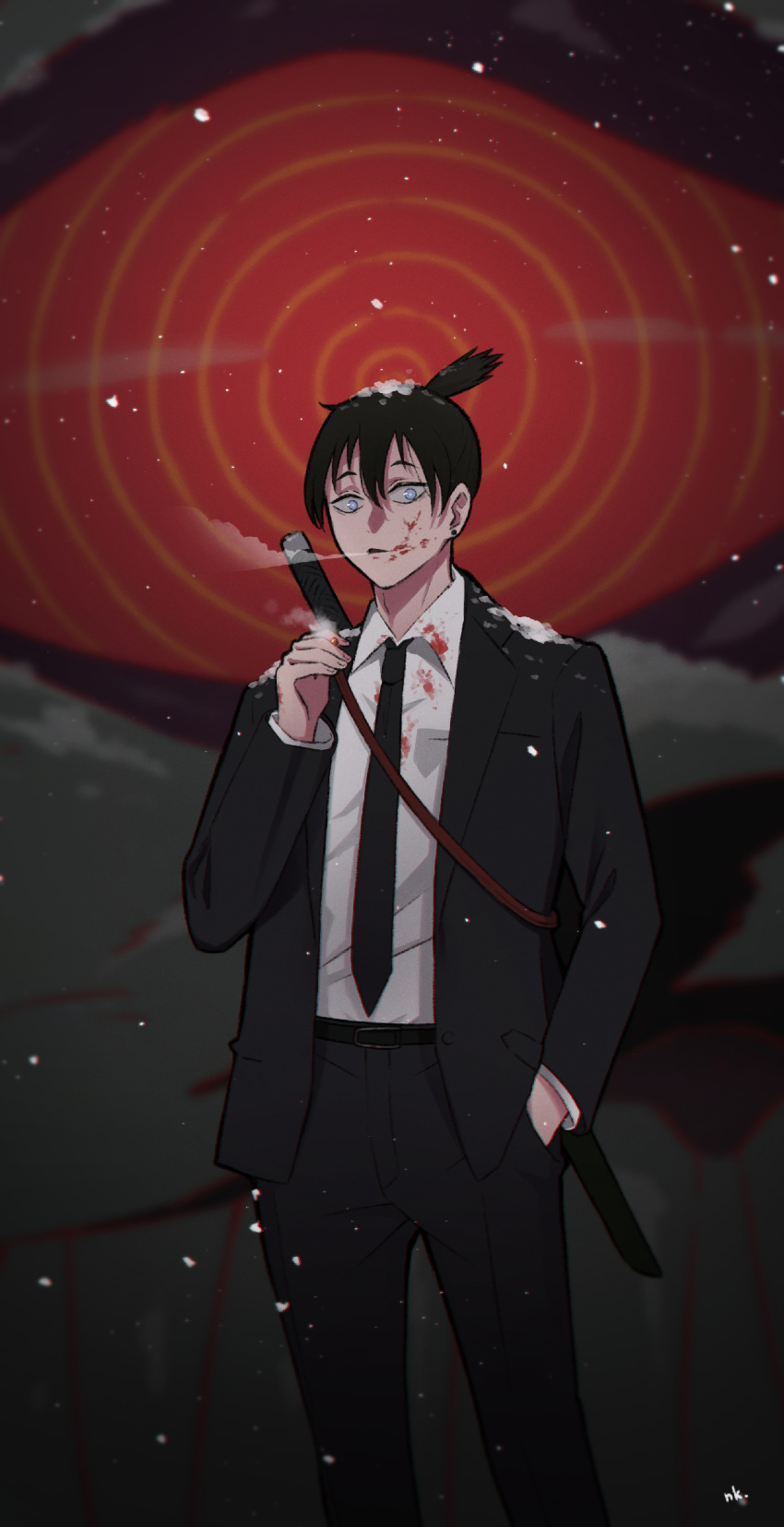 1boy bangs black_hair black_jacket black_necktie black_pants blood blood_on_clothes blood_on_face blue_eyes chainsaw_man cigarette collared_shirt formal fox_devil_(chainsaw_man) hand_in_pocket hayakawa_aki highres holding holding_cigarette jacket katana looking_at_viewer necktie nekonbini pants red_eyes ringed_eyes shirt shirt_tucked_in short_hair sling smoke smoking snow_on_head snowing suit suit_jacket sword topknot weapon weapon_on_back white_shirt