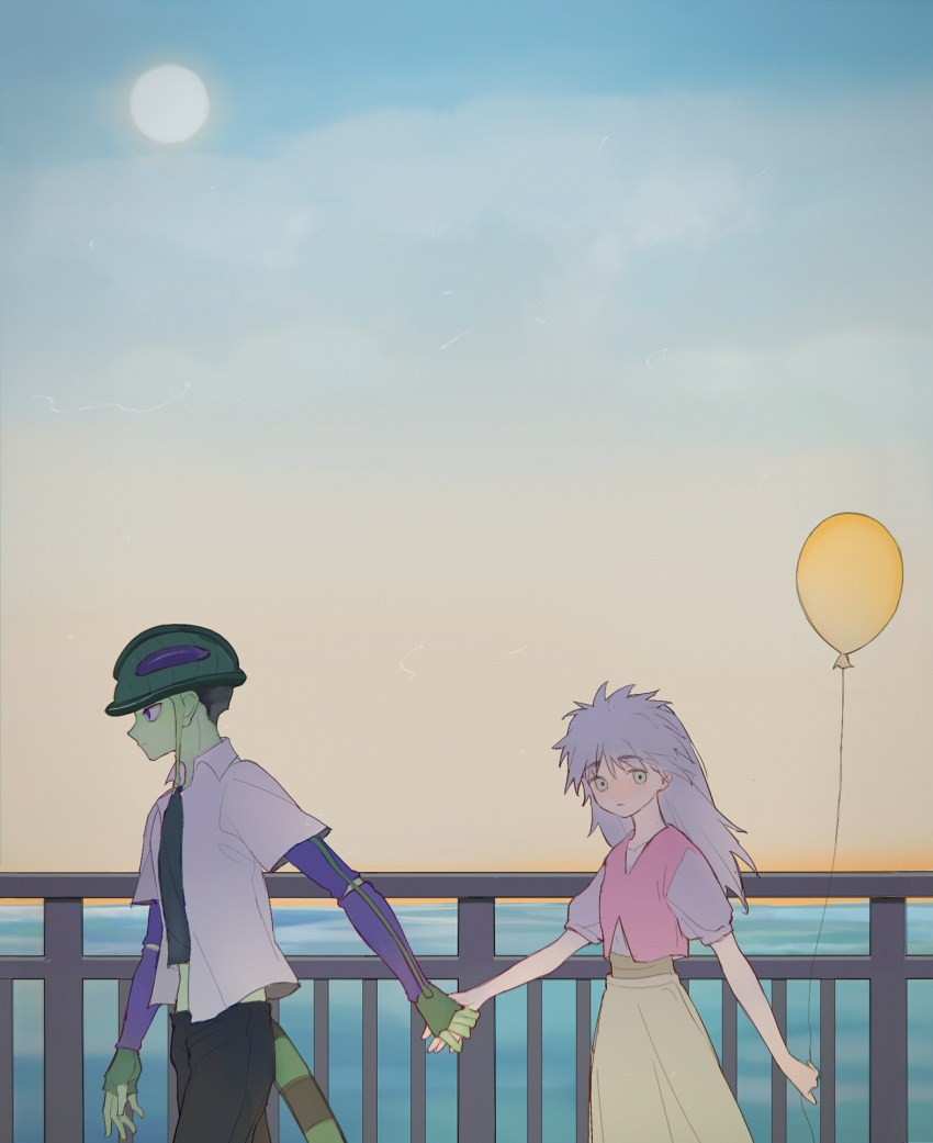1boy 1girl balloon bangs black_pants blush colored_skin contemporary couple cowboy_shot day from_side green_skin grey_hair hetero highres hunter_x_hunter jiooooo komugi_(hunter_x_hunter) long_hair looking_at_viewer looking_away looking_to_the_side meruem midriff ocean open_clothes open_shirt outdoors pants profile railing short_sleeves skirt sky striped_tail tail vest