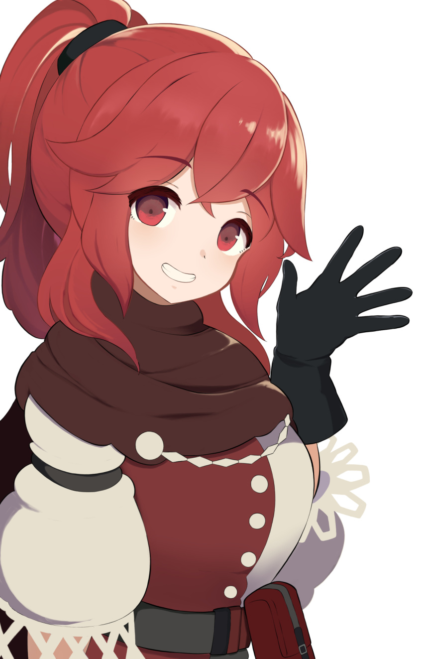 anna_(fire_emblem) black_gloves brown_scarf child female_child fire_emblem fire_emblem_engage frilled_sleeves frills gloves high_ponytail highres jacket kocha_(jgug7553) long_hair long_sleeves looking_at_viewer multicolored_clothes ponytail red_eyes redhead scarf smile waving