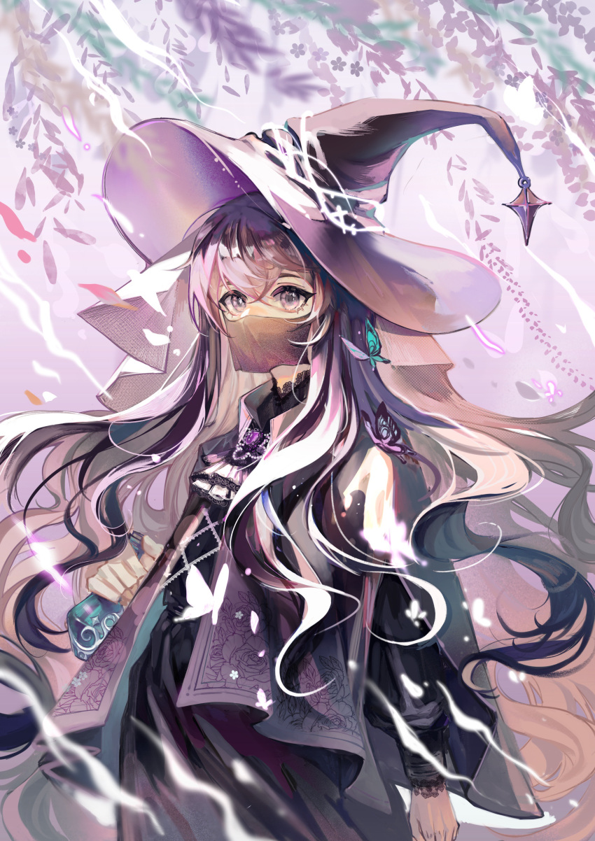 1girl absurdres bangs black_hair bottle bug butterfly crossed_bangs flower gem glowing_butterfly green_butterfly hat highres holding holding_bottle i_became_a_god_in_a_horror_game liu_jiayi long_hair mouth_veil purple_butterfly purple_gemstone smoke solo veil violet_eyes wavy_hair white_butterfly whiwhiwhi wind wisteria witch_hat