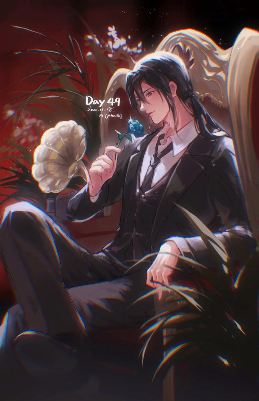 1boy absurdres bai_liu bishounen black_hair black_necktie blue_flower blue_rose collared_shirt crossed_legs flower highres holding holding_flower i_became_a_god_in_a_horror_game jacket long_hair long_sleeves looking_at_another male_focus necktie pythatong rose shirt sitting solo suit_jacket white_shirt
