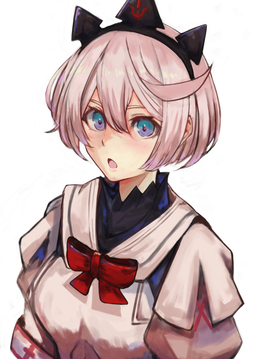 1girl blue_eyes bow dress dress_bow elphelt_valentine guilty_gear guilty_gear_xrd hairband highres levvellevvel long_sleeves looking_at_viewer medium_hair open_mouth puffy_long_sleeves puffy_sleeves red_bow spiked_hairband spikes white_dress white_hair