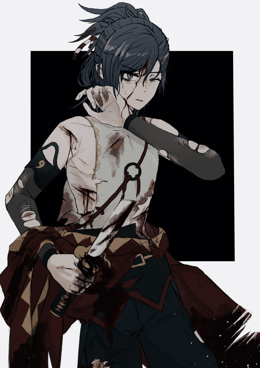 1boy absurdres bare_shoulders black_background blood blood_on_clothes blood_on_face blue_hair broken broken_finger broken_sword broken_weapon bruise dark_blue_hair fire_emblem fire_emblem_engage grey_eyes highres holding holding_sword holding_weapon injury kagetsu_(fire_emblem) katana sword topknot torn_clothes weapon white_background yiki1997326