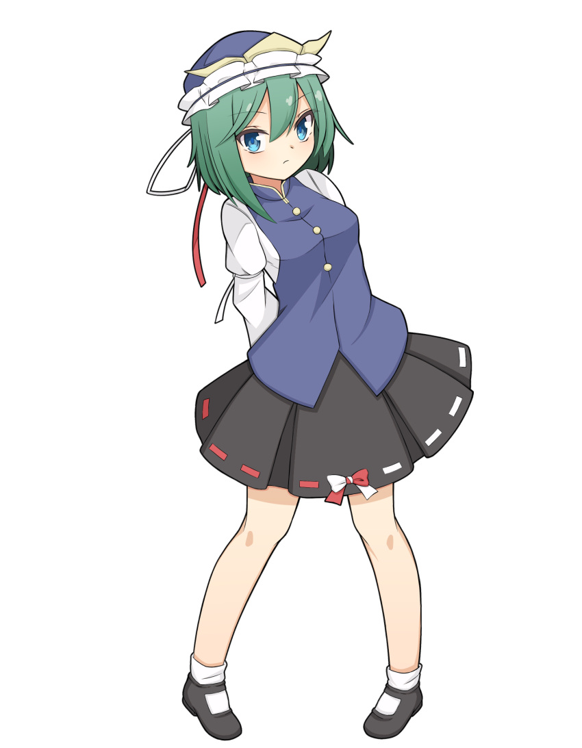 1girl arms_behind_back bangs black_footwear black_skirt blue_eyes blue_headwear blue_vest blush bow breasts buttons closed_mouth commentary_request expressionless frilled_hat frills full_body green_hair hair_between_eyes hat hekkmushi highres long_sleeves looking_at_viewer mary_janes medium_breasts pigeon-toed red_bow ribbon-trimmed_skirt ribbon_trim shiki_eiki shirt shoes short_hair simple_background skirt socks solo touhou two-tone_bow vest white_background white_bow white_shirt