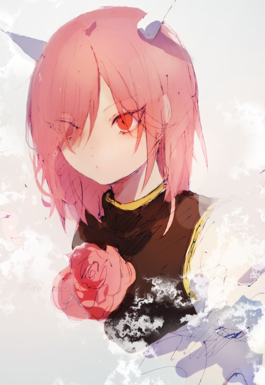 1girl bangs brown_tabard closed_mouth commentary_request expressionless eyes_visible_through_hair flower hair_between_eyes hair_over_one_eye highres horns ibaraki_douji's_arm kn001215 looking_afar medium_hair pink_eyes pink_flower pink_hair pink_rose portrait rose shirt solo tabard touhou white_horns white_shirt