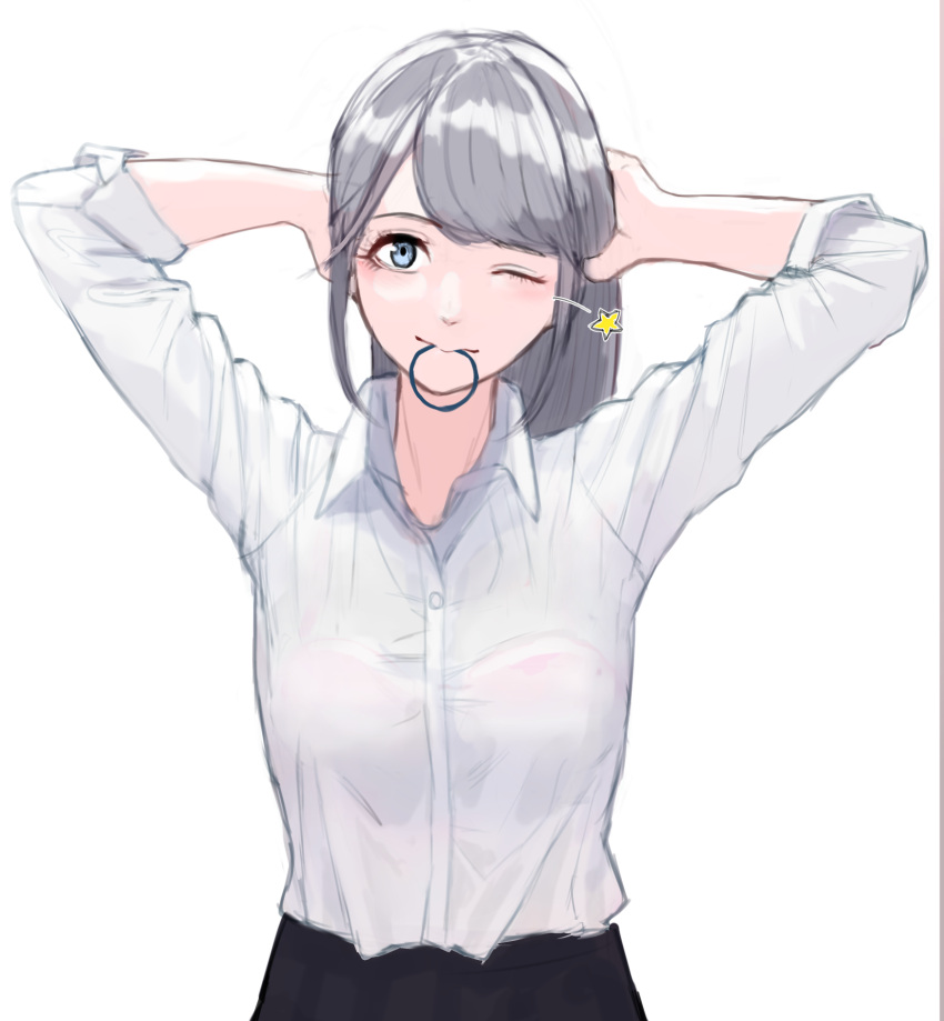 1girl adjusting_hair arms_up bangs blue_eyes blunt_bangs hair_tie highres hyoshiki long_hair looking_at_viewer mouth_hold one_eye_closed original pale_skin see-through shirt simple_background solo tareme white_background white_shirt