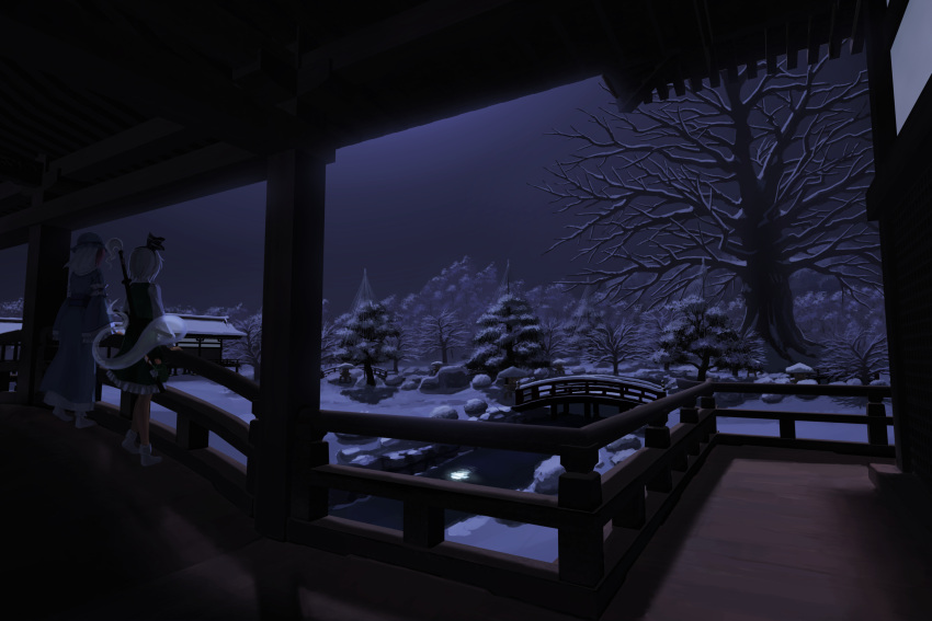 architecture belph bridge building east_asian_architecture fir_tree garden hakugyokurou highres konpaku_youmu landscape moon moon_reflection moonlight night outdoors reflection river rock_garden saigyouji_yuyuko scenery snow touhou tree winter