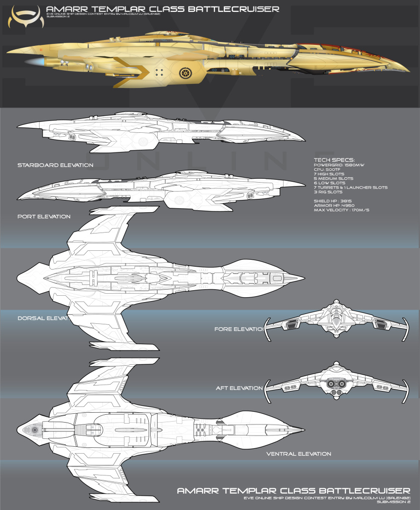 absurdres amarr_empire_(eve_online) battlecruiser_(eve_online) beam_cannon cannon commentary concept_art energy_cannon english_text eve_online from_above from_behind from_below from_side galen82 glowing highres laser_cannon military military_vehicle multiple_views no_humans original science_fiction spacecraft thrusters turret vehicle_focus