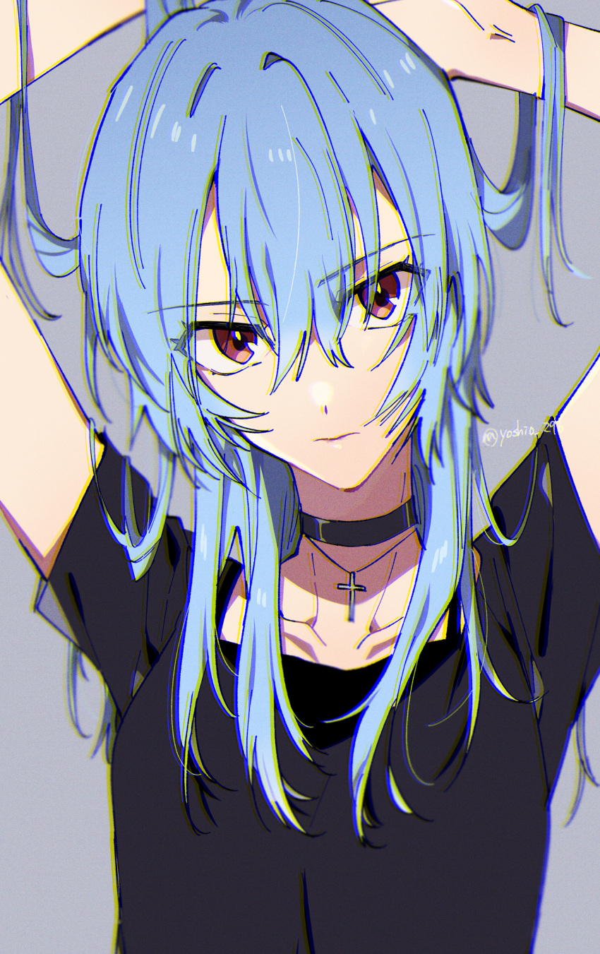 1girl arms_up ayanami_rei bangs black_choker black_shirt blue_hair choker closed_mouth collarbone cross cross_necklace grey_background hair_between_eyes highres jewelry long_hair looking_at_viewer necklace neon_genesis_evangelion red_eyes shirt short_sleeves solo straight_hair t-shirt twitter_username upper_body yoshio_296