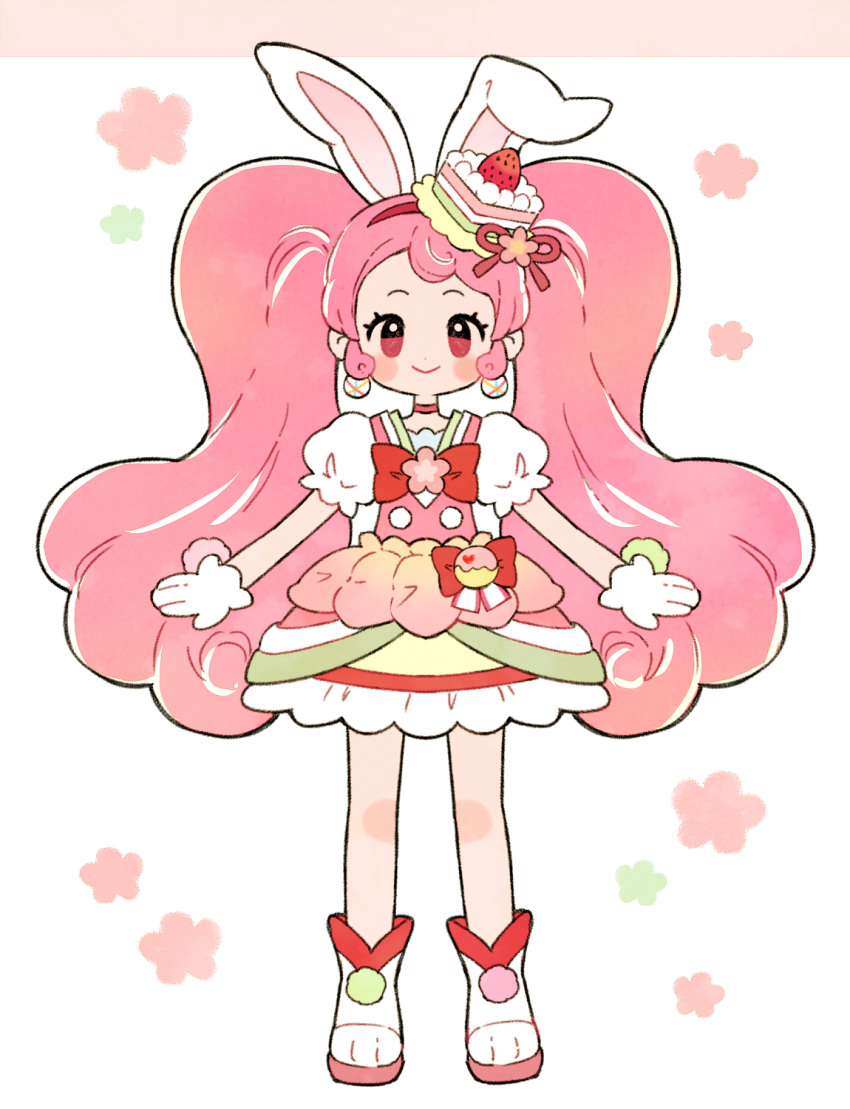 1girl animal_ears bangs cake_hair_ornament choker commentary_request cure_whip earrings food-themed_hair_ornament gloves hair_ornament highres jewelry kirakira_precure_a_la_mode long_hair magical_girl nene_(oneoneo13) pink_choker pink_eyes pink_hair pom_pom_(clothes) pom_pom_earrings pouch precure rabbit_ears smile solo standing twintails usami_ichika white_gloves