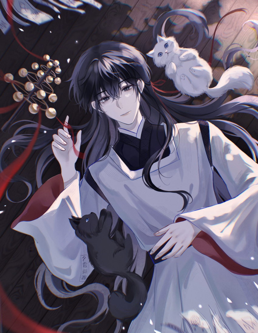 1boy absurdres bai_liu bangs bell black_cat black_eyes black_hair cat crossed_bangs foreveryu13772 hair_over_shoulder half_updo highres i_became_a_god_in_a_horror_game japanese_clothes jingle_bell kagura_suzu long_hair long_sleeves looking_at_viewer lying male_focus red_ribbon ribbon solo string string_of_fate white_cat wide_sleeves wind