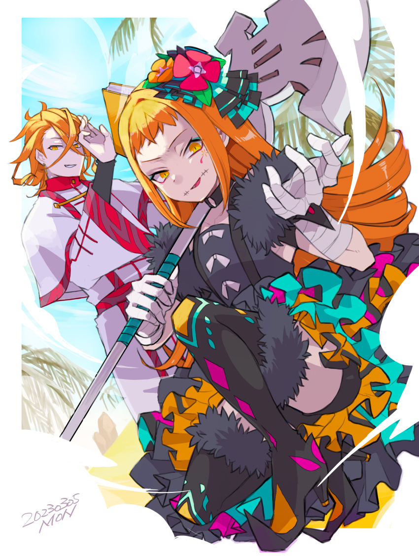 axe bandaged_arm bandages battle_axe black_dress black_thighhighs blue_sky book desert dress facial_tattoo fire_emblem fire_emblem_engage flower hair_flower hair_ornament highres holding holding_axe holding_book midori126 multicolored_clothes orange_eyes orange_hair pandreo_(fire_emblem) panette_(fire_emblem) priest robe siblings sky tattoo thigh-highs weapon white_robe