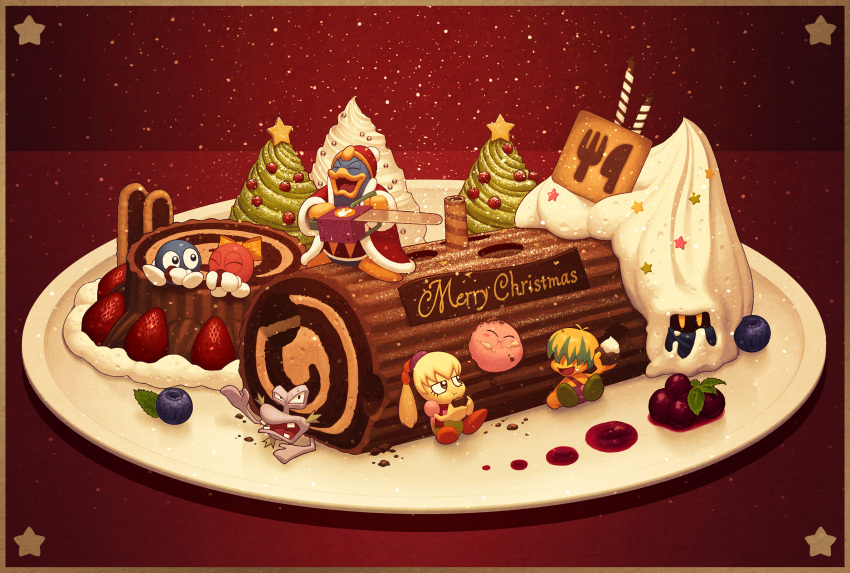 5health ^_^ blonde_hair blueberry blush blush_stickers border bow bun_(kirby) cake chainsaw christmas closed_eyes coat cranberry escargon eyelashes food food_on_face fruit fumu_(kirby) fur-trimmed_coat fur_trim green_hair hair_over_eyes hat highres holding holding_chainsaw icing king_dedede kirby kirby:_right_back_at_ya kirby_(series) lalala_(kirby) laughing lololo_(kirby) long_hair long_sleeves merry_christmas meta_knight no_humans open_clothes open_coat open_mouth plate ponytail red_background red_coat red_headwear short_hair simple_background sitting smile sprinkles standing star_(symbol) strawberry swiss_roll teeth v-shaped_eyebrows wafer_stick whipped_cream yellow_border yellow_bow