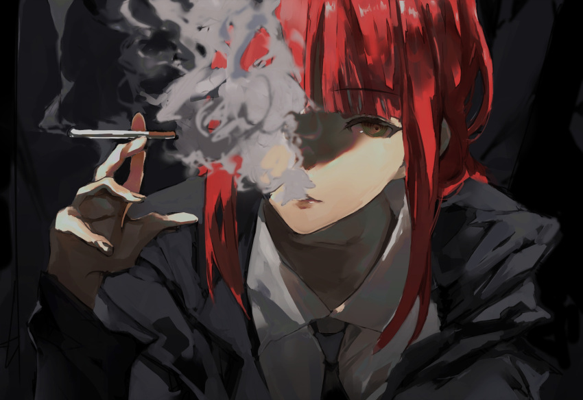 1girl alternate_eye_color bangs black_background black_jacket black_necktie blunt_bangs braid chainsaw_man charu_(mmg_g99) cigarette collared_jacket collared_shirt commentary_request fingernails grey_eyes grey_shirt hand_up highres holding holding_cigarette jacket lips long_fingernails long_hair long_sleeves makima_(chainsaw_man) necktie open_clothes open_jacket redhead ringed_eyes shirt sidelocks simple_background sitting smoke smoking solo