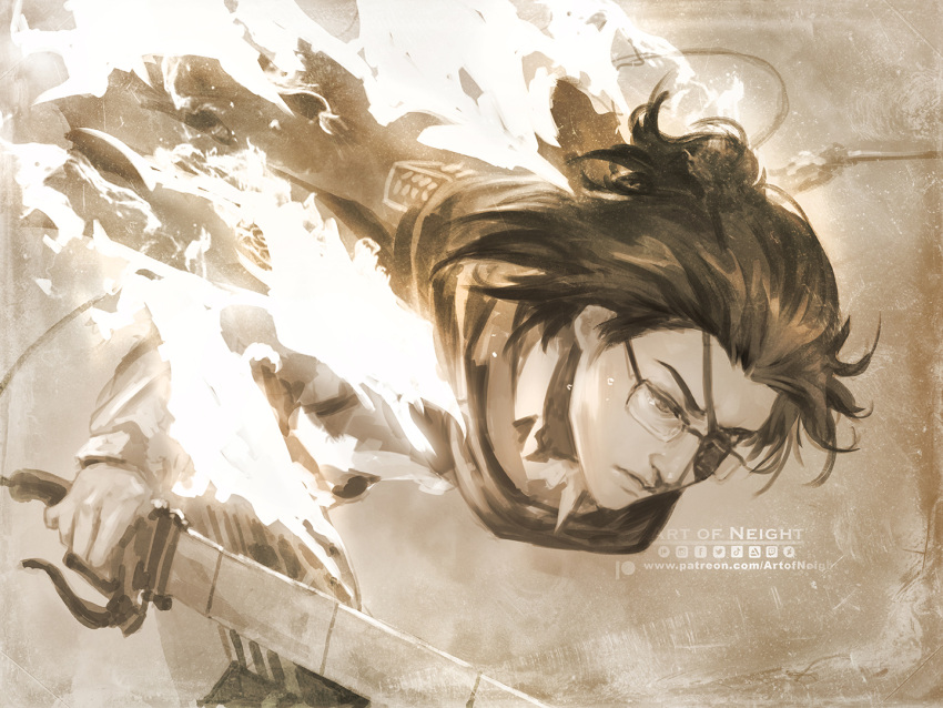 1girl art_of_neight bangs burning cloak closed_mouth collared_shirt cropped_legs crying eyepatch fire glasses hange_zoe high_ponytail holding holding_sword holding_weapon leaning_forward medium_hair paradis_military_uniform sepia shingeki_no_kyojin shirt short_ponytail solo survey_corps_(emblem) sword tears weapon