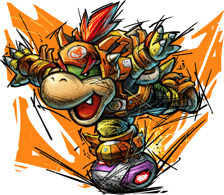 1boy ball bowser_jr. fang highres kicking mario_strikers:_battle_league mario_strikers_(style) official_art open_mouth redhead simple_background soccer_ball super_mario_bros. transparent_background