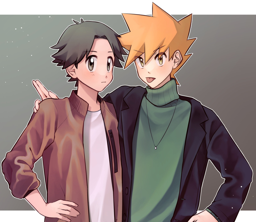 2boys absurdres bangs black_jacket blue_oak brown_eyes brown_hair brown_jacket closed_mouth commentary_request green_sweater hand_on_another's_shoulder hand_on_hip highres jacket long_sleeves looking_at_viewer male_focus multiple_boys open_clothes open_jacket orange_hair outline pokemon red_(pokemon) shirt short_hair spiky_hair sweater tongue tongue_out upper_body wanichi white_shirt