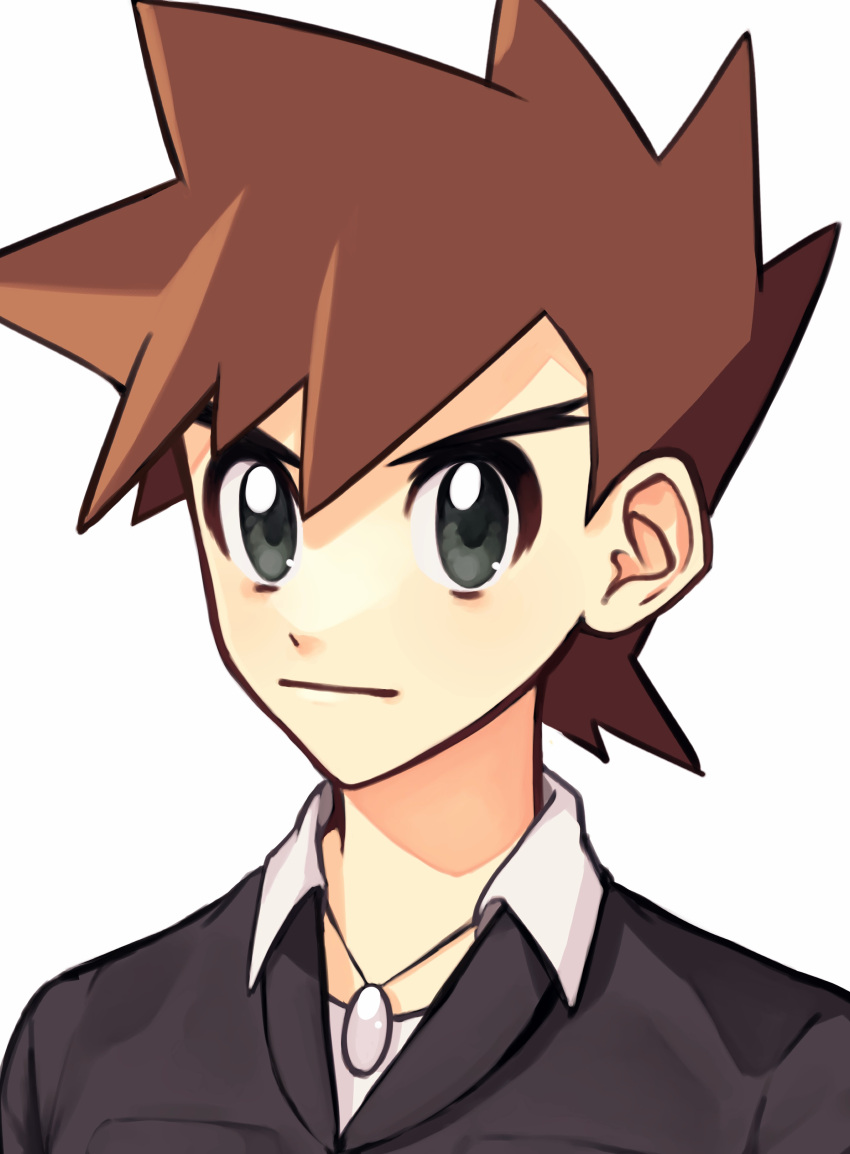 1boy absurdres bangs black_jacket brown_hair closed_mouth commentary_request gary_oak grey_eyes highres jacket jewelry male_focus necklace pokemon pokemon_(anime) pokemon_journeys shirt short_hair simple_background solo spiky_hair upper_body wanichi white_background white_shirt
