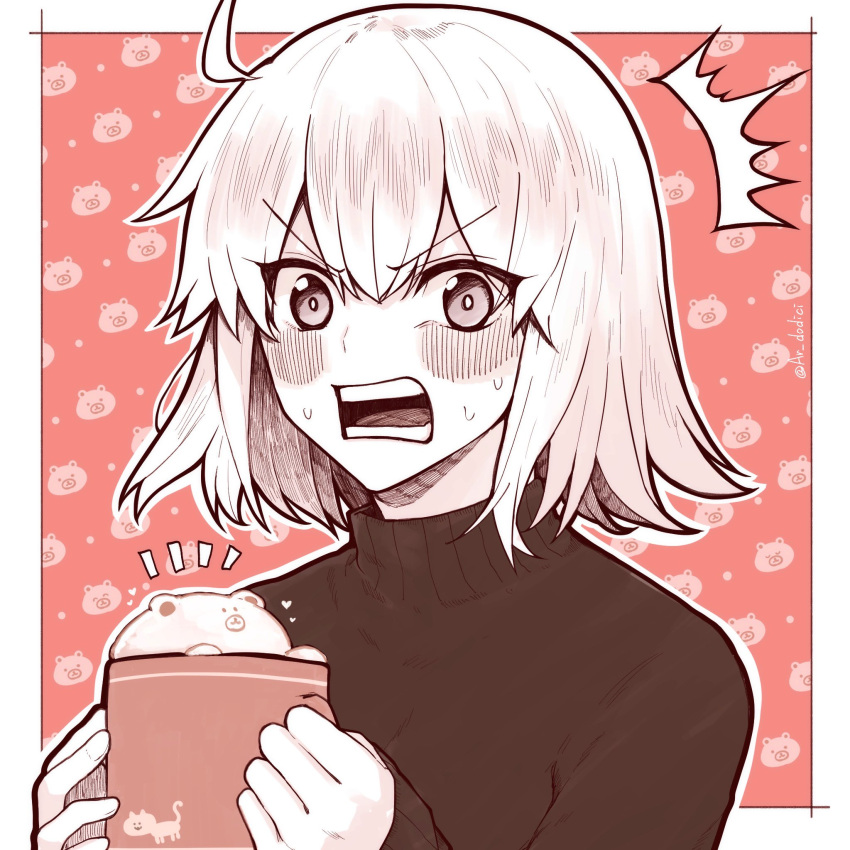 1girl ahoge alternate_costume aruti bangs black_sweater blush border commentary cup fate/grand_order fate_(series) hair_between_eyes highres holding holding_cup jeanne_d'arc_alter_(fate) long_sleeves looking_at_viewer mug open_mouth outside_border short_hair sleeves_past_wrists solo surprised sweat sweater teeth turtleneck turtleneck_sweater twitter_username white_border