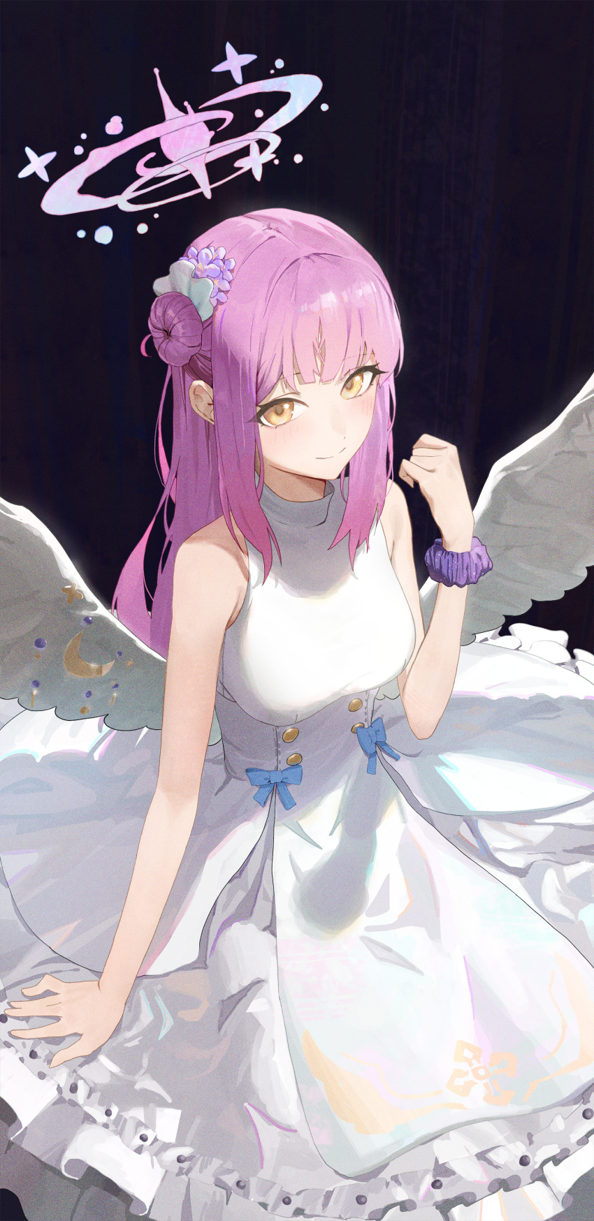 1girl absurdres angel_wings black_background blue_archive blush breasts closed_mouth commentary dress feet_out_of_frame flower frilled_dress frills from_above hair_bun hair_flower hair_ornament halo highres kji_(rozo) long_hair looking_at_viewer medium_breasts mika_(blue_archive) pink_hair scrunchie sidelocks simple_background single_side_bun sleeveless sleeveless_dress smile solo straight_hair white_dress wings wrist_scrunchie yellow_eyes