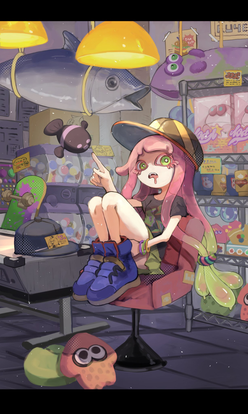 1girl bangs baseball_cap black_headwear black_shirt blue_footwear blunt_bangs box bracelet chair colored_eyelashes commentary_request cup drooling eyelashes figure fish gashapon gradient_hair green_eyes green_hair green_skirt hand_up hanging_light harmony's_clownfish_(splatoon) harmony_(splatoon) hat high_tops highres index_finger_raised indoors jewelry knees_up letterboxed long_hair looking_at_viewer miniskirt multicolored_hair okaranko open_mouth paper pink_hair pleated_skirt poster_(object) print_shirt shelf shirt shoes short_sleeves sidelocks sitting skateboard skirt sneakers solo splatoon_(series) splatoon_3 striped striped_headwear stuffed_animal stuffed_toy swivel_chair t-shirt table teeth tentacle_hair tile_floor tiles toy upper_teeth_only very_long_hair