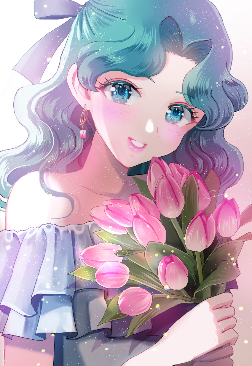 1girl absurdres aqua_eyes aqua_hair bangs bishoujo_senshi_sailor_moon blue_dress blue_eyes dress flower highres kaiou_michiru koharumichi long_hair parted_bangs smile solo tulip wavy_hair