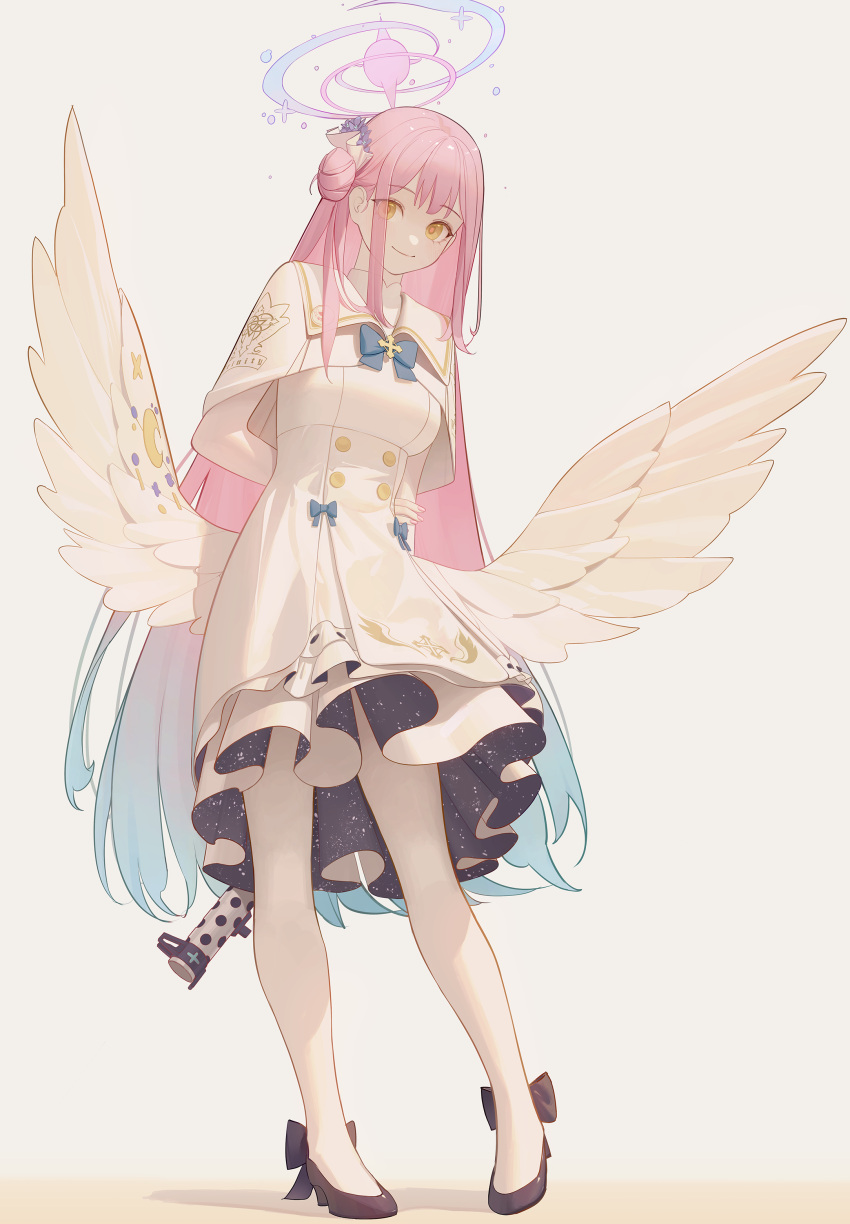 1girl absurdres angel_wings arm_behind_back bangs black_footwear blue_archive blue_hair capelet closed_mouth commentary dress flower full_body gradient_hair gun hair_bun hair_flower hair_ornament halo hand_on_own_arm high_heels highres holding holding_gun holding_weapon komodo lanchester_smg long_hair looking_at_viewer low_wings mika_(blue_archive) multicolored_hair pantyhose pink_hair pink_nails pumps single_side_bun smile solo standing submachine_gun very_long_hair weapon white_capelet white_dress white_pantyhose wings yellow_eyes