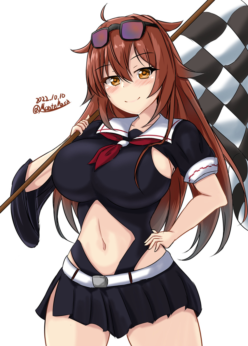 breasts brown_eyes brown_hair checkered_flag clothing_cutout cosplay dated eyewear_on_head flag hair_flaps hand_on_hip highres huge_breasts kantai_collection long_hair montemasa murasame_(kancolle) murasame_(kancolle)_(cosplay) navel navel_cutout racequeen shiratsuyu_(kancolle) sunglasses twitter_username