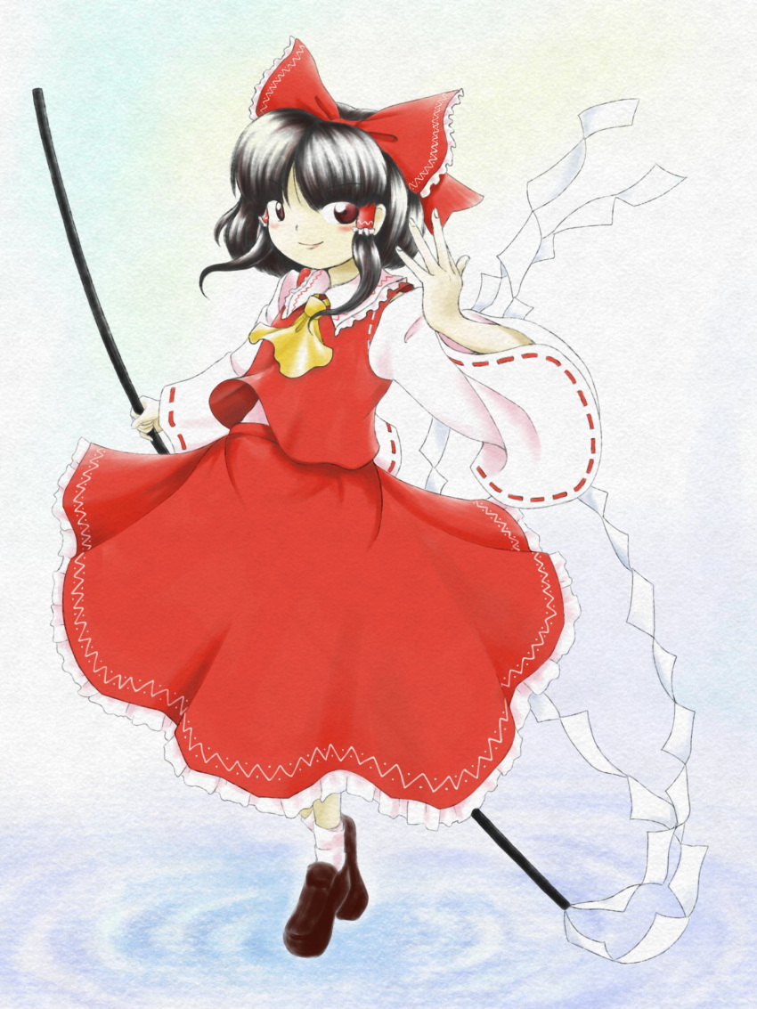 1girl ascot bangs black_hair bow brown_footwear closed_mouth detached_sleeves faux_traditional_media frilled_bow frilled_hair_tubes frilled_skirt frills full_body gohei hair_bow hair_tubes hakurei_reimu hand_up highres holding holding_gohei long_sleeves looking_at_viewer medium_hair nontraditional_miko paper_texture parasite_oyatsu parted_bangs red_bow red_eyes red_skirt red_vest ribbon-trimmed_sleeves ribbon_trim shoes sidelocks skirt skirt_set smile socks solo standing touhou vest white_sleeves white_socks wide_sleeves yellow_ascot zun_(style)