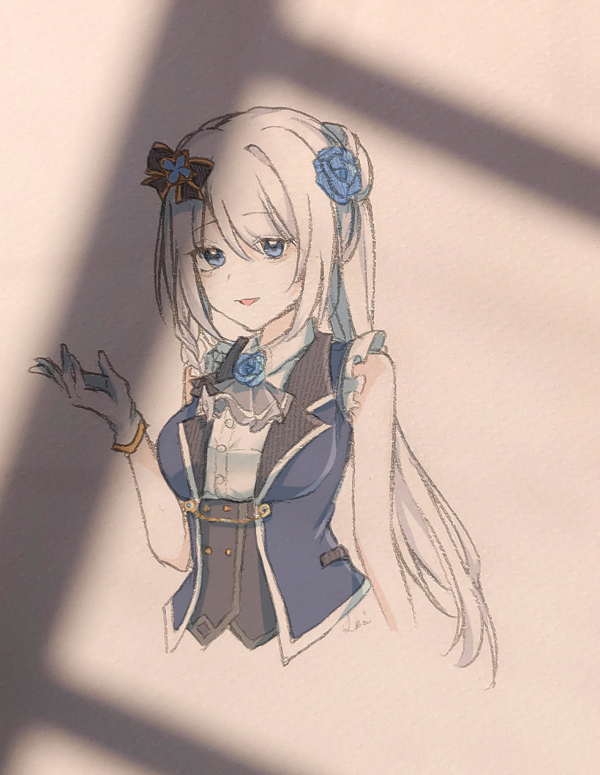 1girl :d arm_at_side bangs black_bow blue_eyes blue_flower blue_rose blue_vest bow braid buttons collared_shirt cropped_torso flower frilled_sleeves frills gloves grey_hair grey_jabot hair_bow hair_flower hair_ornament hand_up highres lapels long_hair looking_at_viewer magia_record:_mahou_shoujo_madoka_magica_gaiden magical_girl mahou_shoujo_madoka_magica medium_request parted_lips ponytail rose shirt short_sleeves side_braid sidelocks simple_background smile solo swept_bangs underbust very_long_hair vest white_gloves white_shirt window_shade yakumo_mitama yinxingyaoaimilibaobao