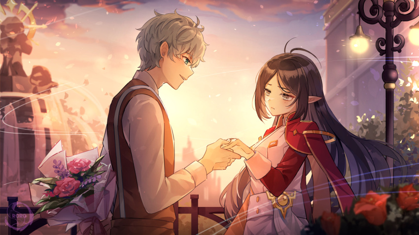 1boy 1girl a_ching adele_(maplestory) black_hair blush bouquet cape closed_mouth falling_leaves fence fountain green_eyes highres holding holding_bouquet holding_hands leaf long_hair maplestory pointy_ears red_cape short_hair sunset white_hair white_uniform wind wooden_fence