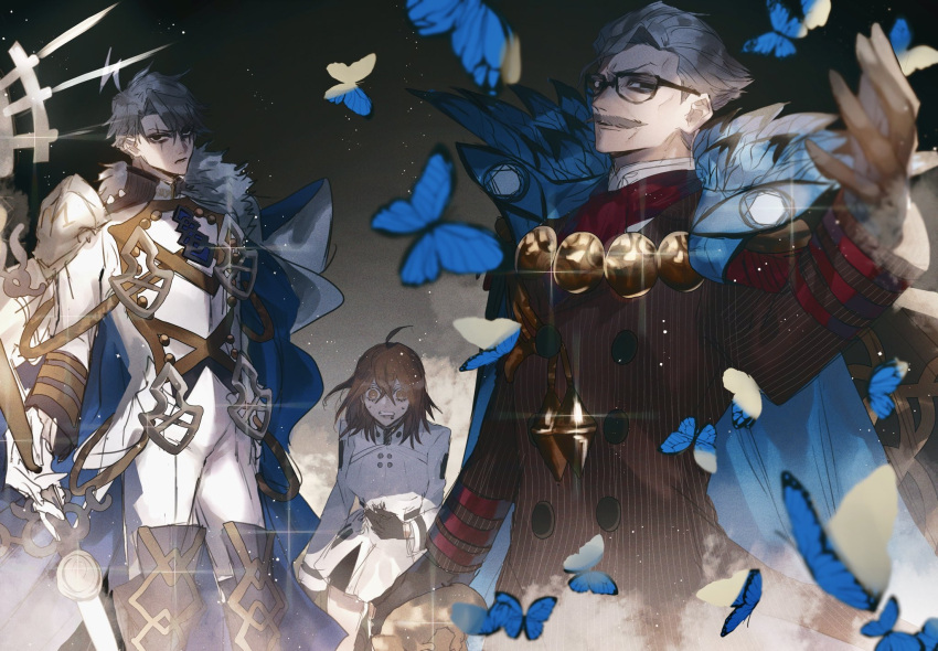 1girl 2boys ahoge aiguillette armor ascot bangs black_background black_eyes black_footwear black_gloves blue_butterfly blue_cape boots bright_pupils brown_jacket bug butterfly buttons cape clenched_teeth coat cowboy_shot crossed_bangs curtained_hair double-breasted dress empty_eyes facial_hair facial_mark fate/grand_order fate_(series) fujimaru_ritsuka_(female) fujimaru_ritsuka_(female)_(decisive_battle_chaldea_uniform) fur-trimmed_cape fur_trim glasses glint gloves gradient_background hair_between_eyes hair_slicked_back hand_on_own_stomach hand_up high_collar highres holding holding_staff jacket james_moriarty_(archer)_(fate) james_moriarty_(ruler)_(fate) light_particles mature_male medium_hair multiple_boys mustache old old_man orange_eyes orange_hair ou_syoku7 pants pinstripe_jacket pinstripe_pattern red_ascot serious shirt short_hair shoulder_armor shoulder_cape smoke staff striped sweat teeth thigh_boots upper_body white_coat white_dress white_gloves white_pants white_pupils white_shirt