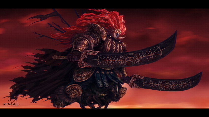 1boy absurdres artist_name dual_wielding elden_ring fake_horns giant giant_male gold_armor helmet highres holding horned_helmet horns horse horseback_riding huge_weapon impaled leonard_(elden_ring) long_hair looking_to_the_side menaslg red_background redhead riding sky solo starscourge_radahn sword twin_blades weapon
