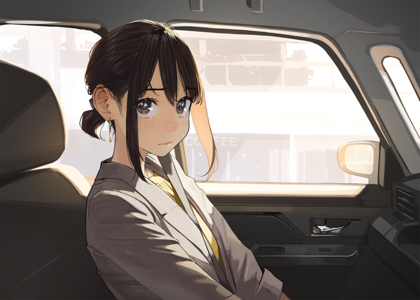 1girl blush brown_eyes brown_hair car car_interior closed_mouth commentary_request douki-chan_(douki-chan) ganbare_douki-chan grey_jacket highres jacket long_sleeves looking_at_viewer motor_vehicle shirt sidelocks solo yellow_shirt yomu_(sgt_epper)