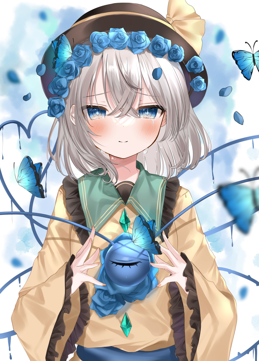 1girl absurdres bangs blue_butterfly blue_flower blue_rose blurry blurry_background bug butterfly crossed_bangs crying crying_with_eyes_open depth_of_field flower frilled_shirt_collar frilled_sleeves frills grey_hair hair_between_eyes hat heart heart-shaped_pupils heart_of_string highres komeiji_koishi light_smile long_sleeves looking_at_viewer medium_hair okome2028 rose shirt sleeves_past_wrists solo symbol-shaped_pupils tears third_eye touhou wide_sleeves yellow_shirt