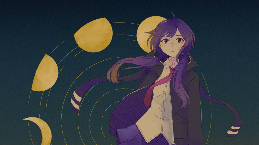 1girl alternate_costume arms_at_sides bangs black_jacket blue_background blush cowboy_shot dress_shirt film_grain floating_hair hair_over_shoulder highres hood hood_down hooded_jacket jacket kibou_no_tsuki_(vocaloid) long_hair looking_at_viewer low_twintails moon_phases necktie nose_blush open_clothes open_jacket parted_lips pink_necktie pleated_skirt purple_hair purple_skirt ripples shirt skirt solo swept_bangs tsucchiy twintails violet_eyes vocaloid voiceroid wind yuzuki_yukari