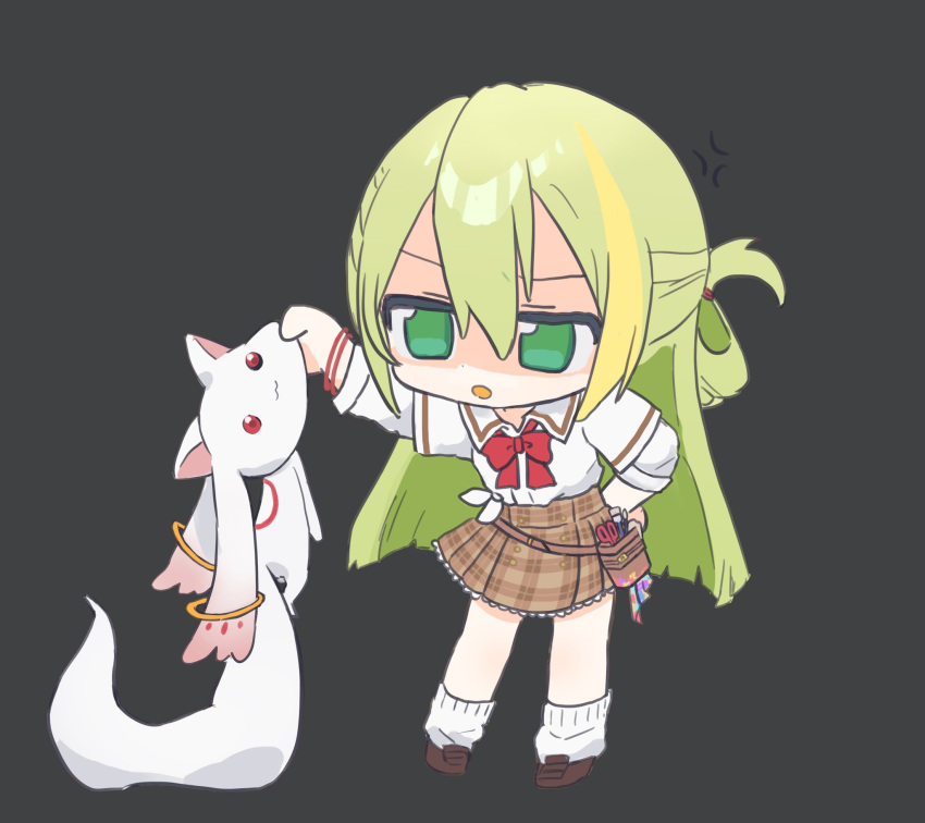 1girl :3 alina_gray animal belt_pouch blonde_hair blunt_ends bow bowtie brown_footwear brown_skirt cheek_pinching chibi green_eyes green_hair hair_between_eyes hand_on_hip highres holding holding_animal kyubey layered_sleeves lifting_animal loafers long_hair long_sleeves looking_at_another magia_record:_mahou_shoujo_madoka_magica_gaiden mahou_shoujo_madoka_magica multicolored_hair open_mouth paint_stains pinching plaid plaid_skirt pleated_skirt pouch rag red_bow red_bowtie red_eyes red_wristband sakae_general_school_uniform school_uniform shaded_face shirt shoes short_over_long_sleeves short_sleeves side-tie_shirt sidelocks skirt sleeves_rolled_up socks standing straight_hair streaked_hair umisanuuu white_shirt white_socks wing_collar
