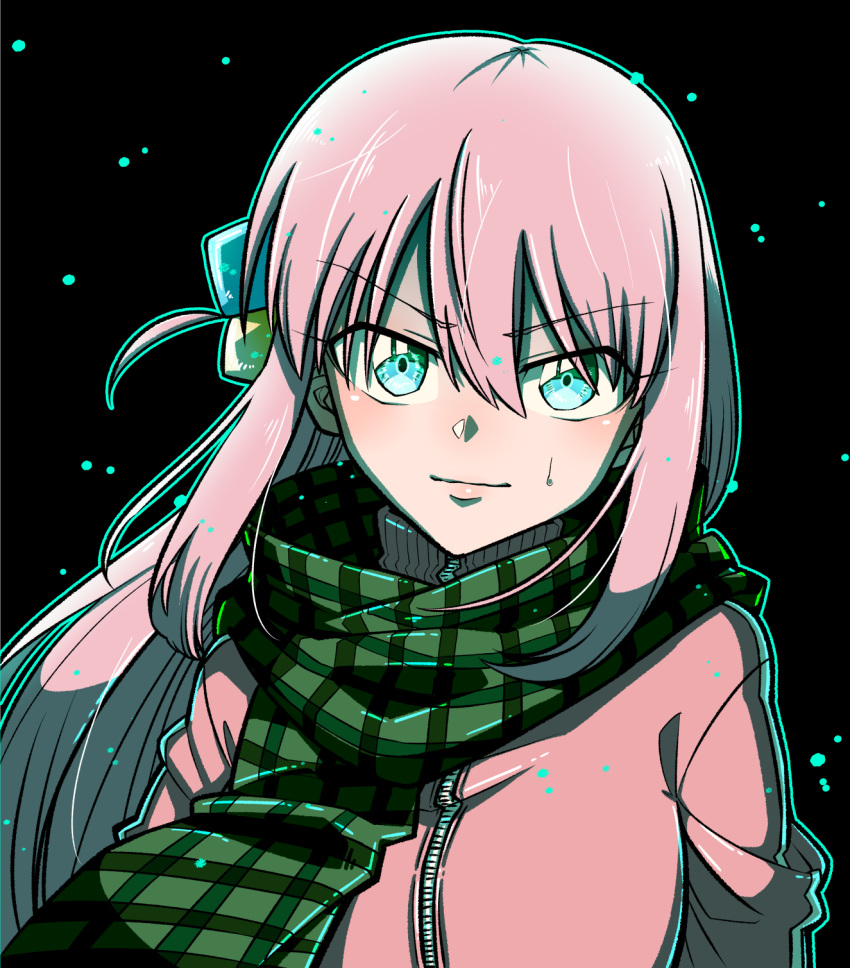 1girl bangs black_background blue_eyes bocchi_the_rock! closed_mouth gotou_hitori green_scarf hair_between_eyes hair_ornament highres jacket long_hair looking_at_viewer one_side_up ononaka_akihiro pink_hair pink_jacket scarf simple_background smile solo sweatdrop track_jacket upper_body v-shaped_eyebrows zipper