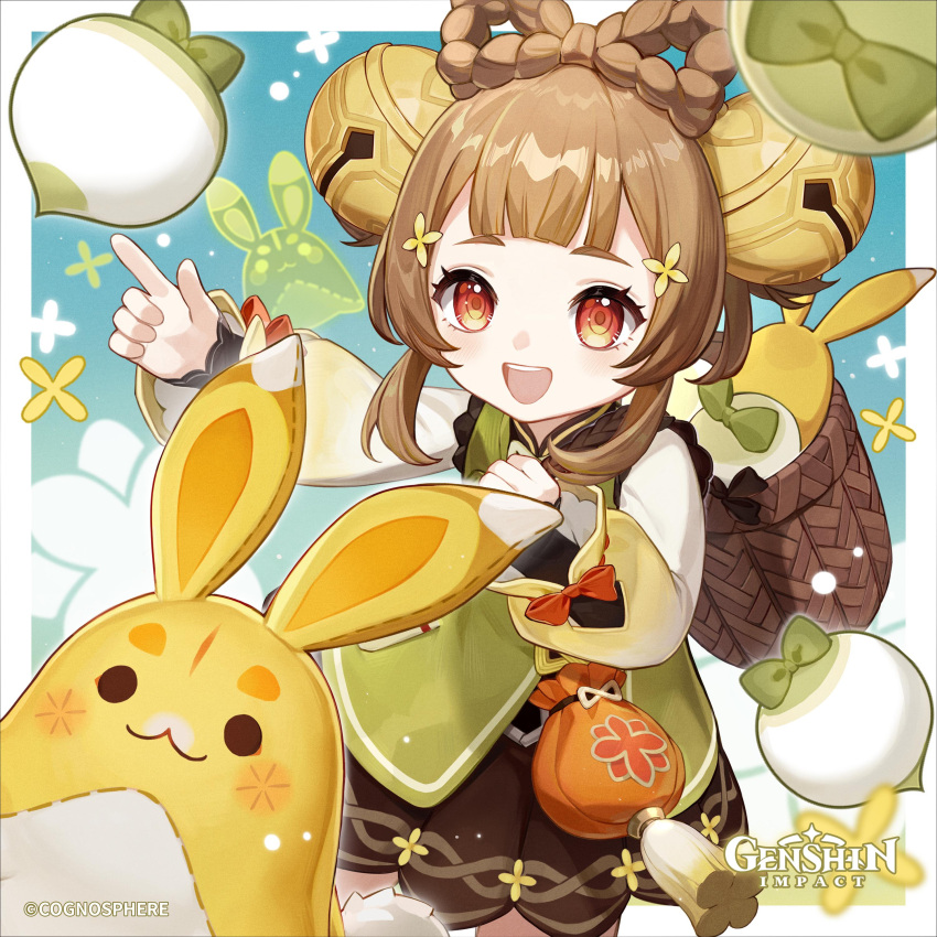 1girl :3 absurdres bangs basket bell blush bow-shaped_hair brown_hair dress english_commentary food genshin_impact hair_bell hair_ornament highres jingle_bell logo long_sleeves looking_at_viewer official_art open_mouth red_eyes tassel turnip vegetable yaoyao_(genshin_impact) yuegui_(genshin_impact)