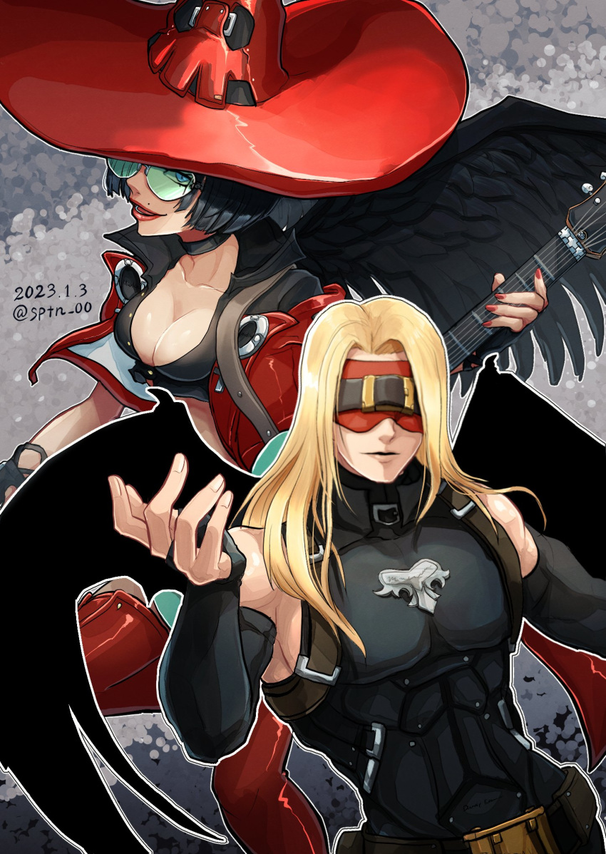 1boy 1girl angel_wings bat_wings black_gloves black_hair black_wings blonde_hair breasts bridal_gauntlets demon_boy demon_wings elbow_gloves electric_guitar feathered_wings fingerless_gloves gloves green-tinted_eyewear guilty_gear guilty_gear_strive guitar hat highres i-no instrument long_hair looking_at_viewer medium_breasts medium_hair mole mole_above_mouth mole_under_mouth red_blindfold red_footwear red_headwear sptn_00 tinted_eyewear wings witch_hat zato-1