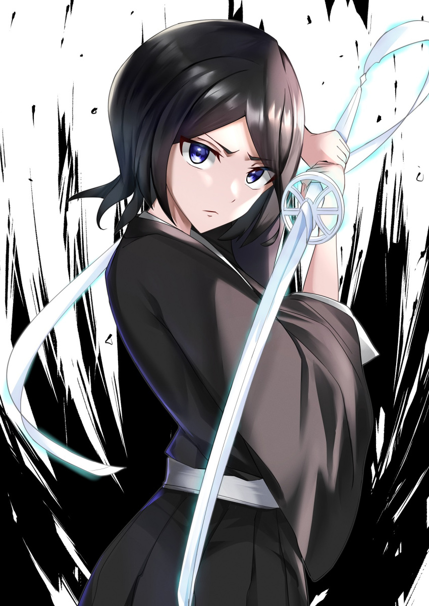 1girl bangs black_hair black_kimono bleach chinese_commentary closed_mouth commentary_request fighting_stance highres holding holding_sword holding_weapon japanese_clothes katana kimono kuchiki_rukia looking_at_viewer maya_nishino parted_bangs serious shikai shinigami short_hair simple_background sode_no_shirayuki_(shikai) solo sword violet_eyes weapon wide_sleeves