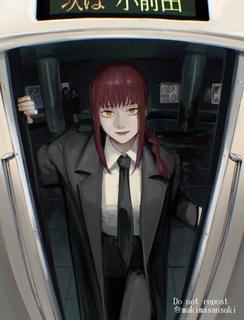 1girl bangs black_coat black_necktie black_pants braid braided_ponytail chainsaw_man chromatic_aberration coat collared_shirt formal hair_over_shoulder highres kamo_(kamonegioisi) looking_at_viewer makima_(chainsaw_man) medium_hair necktie pants parted_lips pov redhead ringed_eyes shirt shirt_tucked_in sidelocks smile solo suit train_interior train_station twitter_username white_shirt yellow_eyes