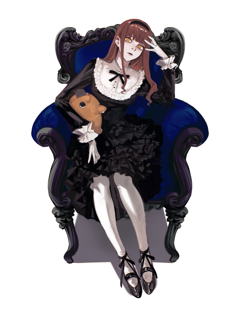 1girl alternate_hairstyle bangs black_dress black_ribbon blunt_bangs chainsaw_man character_doll dress elbow_rest frilled_dress frilled_shirt_collar frilled_sleeves frills gloves hairband head_rest highres kamo_(kamonegioisi) leggings long_hair looking_at_viewer makima_(chainsaw_man) pochita_(chainsaw_man) redhead ribbon ringed_eyes sidelocks simple_background sitting solo white_background white_gloves white_leggings yellow_eyes
