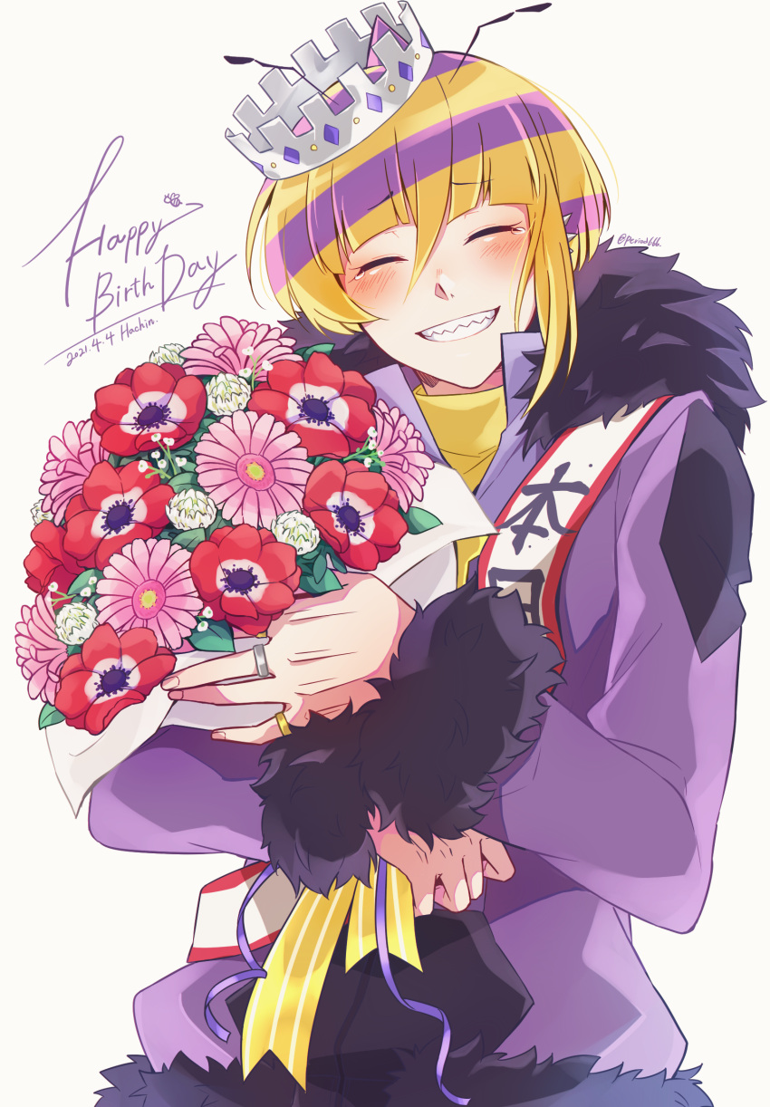 1boy akasuzu3641 blush bouquet closed_eyes facing_viewer flower hachin_(show_by_rock!!) highres holding holding_bouquet jacket long_sleeves male_focus multicolored_hair open_mouth orange_hair pink_flower purple_hair purple_jacket red_flower sharp_teeth short_hair show_by_rock!! smile solo teeth white_background