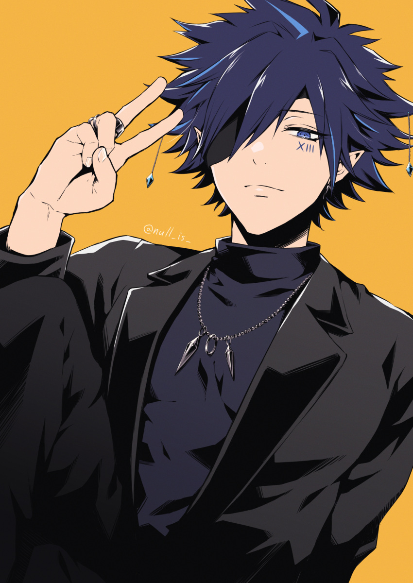 13_(show_by_rock!!) 1boy black_jacket blue_eyes blue_hair blue_sweater closed_mouth highres jacket jewelry long_sleeves looking_at_viewer male_focus necklace nullslast pointy_ears ring short_hair show_by_rock!! smile solo sweater turtleneck turtleneck_sweater v yellow_background