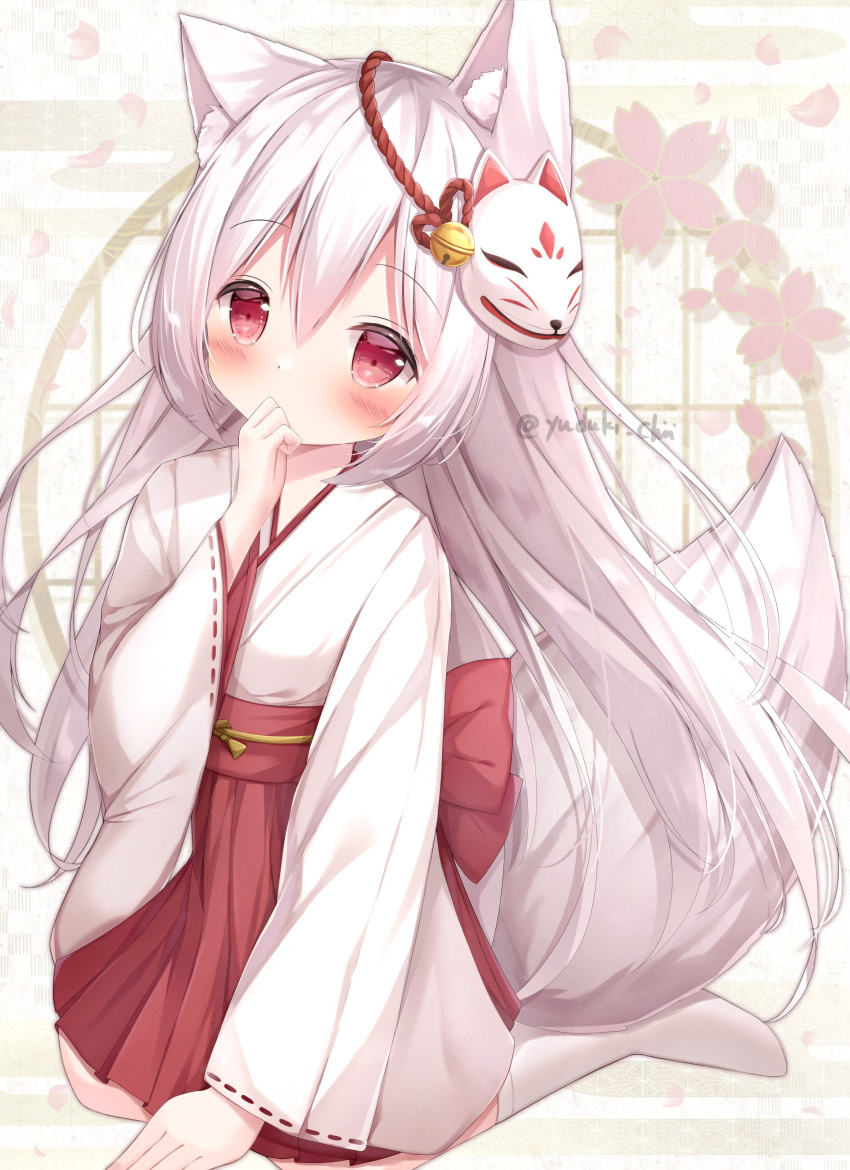 1girl absurdres animal_ear_fluff animal_ears bangs bell blush commentary_request covered_mouth egasumi floral_background fox_ears fox_girl fox_tail hair_bell hair_between_eyes hair_ornament hakama hakama_skirt hand_up highres japanese_clothes jingle_bell kimono long_hair long_sleeves looking_at_viewer mask mask_on_head original petals red_eyes red_hakama ribbon-trimmed_sleeves ribbon_trim skirt socks solo tail twitter_username very_long_hair white_hair white_kimono white_socks wide_sleeves yuduki_pdx